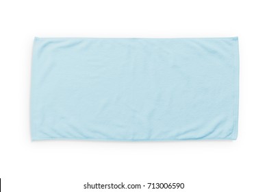 Light blue beach towel mock up isolated on white background, flat lay top view 