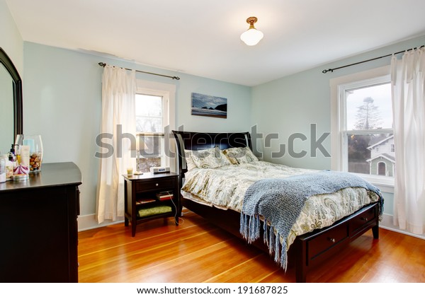 Light Blue Bedroom Two Windows Hardwood Stock Photo Edit Now