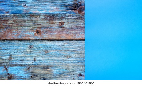 Light Blue Cardstock On An Old Wooden Table In Antiqued Pastel Colors. Rustic Wooden Vintage Background. Text Space.