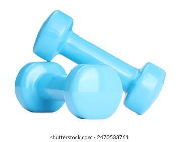 Light blue dumbbells isolated on white. Sports equipment