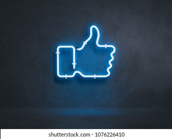 Light blue electrical thumb up symbol on black wall, 3d rendering - Shutterstock ID 1076226410