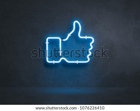 Light blue electrical thumb up symbol on black wall, 3d rendering