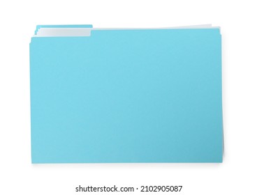 Light blue file with documents isolated on white, top view