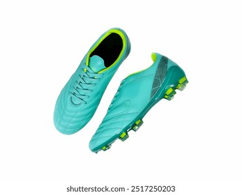 Light blue football cleats featuring a sleek design and contrasting bright green accents, ideal for enhancing performance and grip on the field during competitive matches. - Powered by Shutterstock