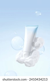 Light blue gradual change facial cleanser floating white foam transparent bubbles