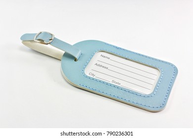 Light Blue Leather Luggage Tag, Suitcase Label,  Isolated On White Background