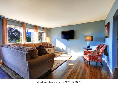 Light Blue Living Room With Comfortable Sofa And Tv