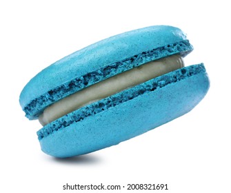 Light Blue Macaron Isolated On White. Delicious Dessert