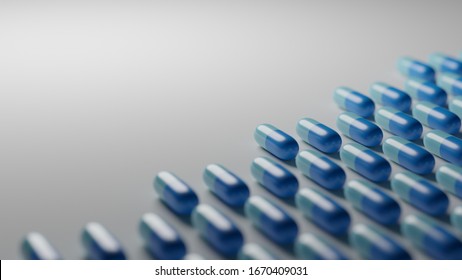 Light Blue Pills On White Background. Pharmaceutical Industry, Medical Treatment, Presciption Drugs Concept. Digital 3D Render.