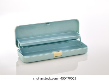 Light Blue Plastic Pencil Box On White Background, Stack