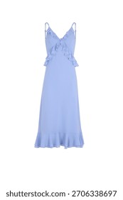 A light blue, ruffled, spaghetti strap mini dress with a tie detail on the bodice and hem.