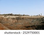 Light blue sky in the warm summer over the old abandoned houses built from wood on the field with dry grass. Outdoor.