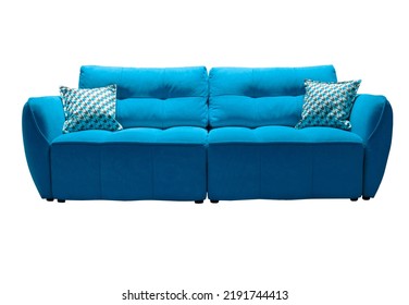 Light Blue Sofa With Checkered Pillows Isolated. Upholstered Furniture For Living Room. Blue Couch Isolated