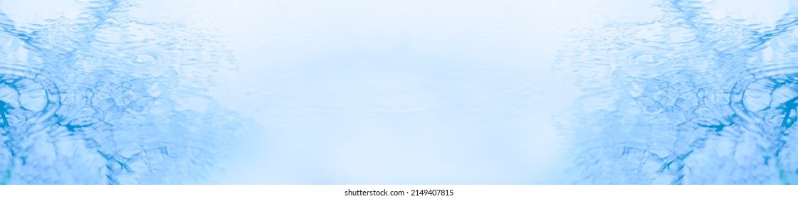 Light Blue Water Surface Texture With Circles, Stripes, Ripples. Fresh Summer Wave Banner Background With Free Space For Text. View From Above. Horizontal Banner