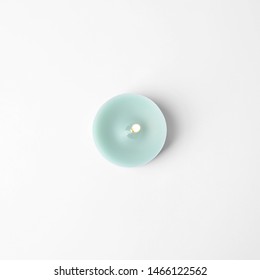 Light Blue Wax Decorative Candle Isolated On White, Top View