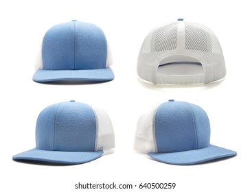 Light blue and white cap isolated on white background. Multiple angles included.