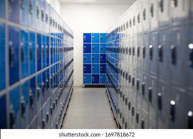 Light Blue And White Metal Lockers In A Locker Room With Some Doors Closed And Numbers On Doors. Changing Dressing Room Elementary School Restroom, Security In Sport Gym. Interior Of Classic Rows Lock