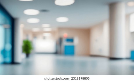 Light blurred background. The hall of an office or medical institution with panoramic windows and a perspective.  