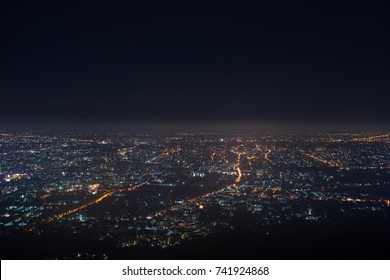 Light Bokeh City Landscape At Night Sky With Many Stars,  Blurred Background Concept