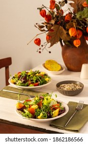 Light Breakfast Or Dinner, Mix Salad With Salmon And Different Seeds , Cornbread, Autumn Bouquet In A Vase