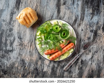 Light Breakfast With Grilled Sausages, Herbs And Cucumber, Cheese Sandwich, Flatlay