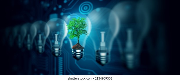 Light Bulb Against Nature With Digital Convergence And Technology Background. Ecology, Energy, Environment, Green Technology, And IT Ethics Concept.