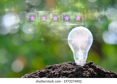 Light Bulb Background And Space For Idea Concept,positive Feedback, Writing Online Review With 5 Five Star Rating, Reputation Management Concept