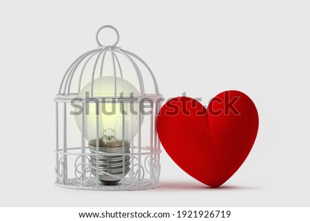 Light bulb in bird cage with free heart - Mind and heart concept