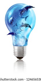 Light Bulb With Dolphins Swimming Inside And Breaking Free. 