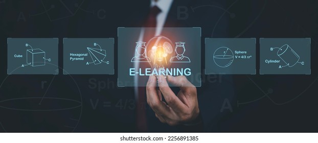 Light bulb with E-learning education with Online Courses e-learning concept, Learning workshop learn to think internet training knowledge technology, online learning with webinars, video tutorials