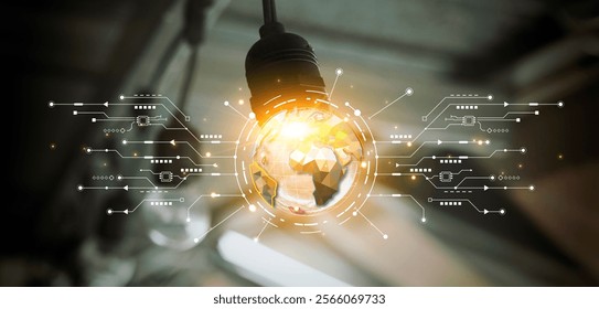 Light bulb with futuristic digital network design, symbolizing innovation, global connections, and technology