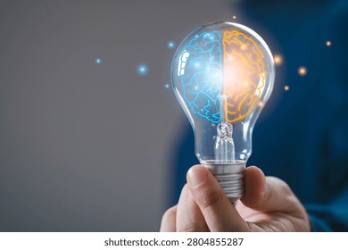 Light bulb with human brain split into creative and analytical sides, innovation and thinking, idea generation, intelligence, balance between logic and creativity, smart technology, cognitive process