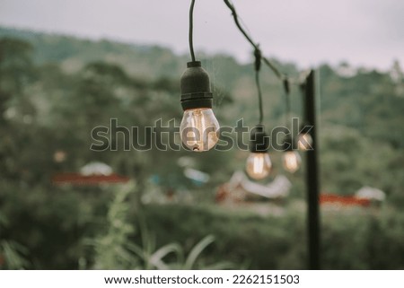 the light bulb lights up against a defocused green hill in the background,