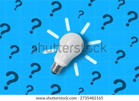 Light bulb with multiple question marks on blue background symbolizing curiosity, problem solving, and search for ideas