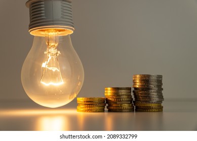 Light bulb on, with banknotes, coins and energy bill. Increase in energy and gas tariffs. Efficiency and energy saving.
 - Shutterstock ID 2089332799