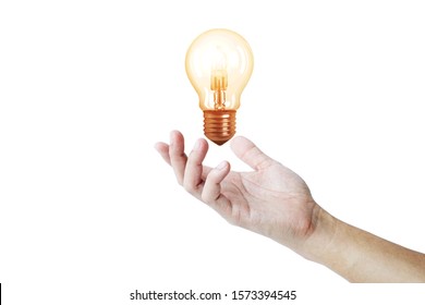 Light Bulb On Hand With White Background. Energy Bright And Smart Creativity Thinking Concept.