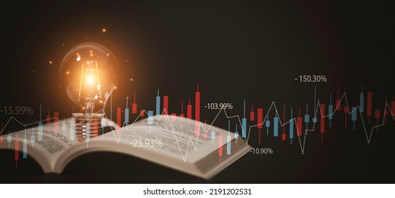 Light Bulb And Opened Vintage Book Style Vintage Dark Background Concept And Stock Market Or Forex Trading Graph And Candlestick Chart Suitable For Financial Investment Money, Currency Exchange.