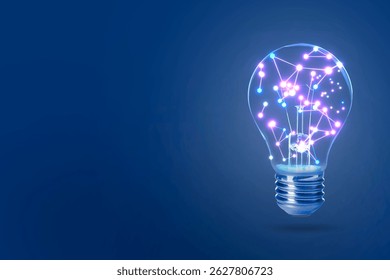 Light bulb with pattern of connected dots on blue gradient background. Idea, creativity, innovation