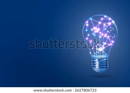 Light bulb with pattern of connected dots on blue gradient background. Idea, creativity, innovation