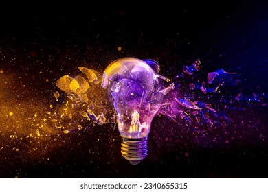 light bulb shattering on black background. concept of creativity and innovation