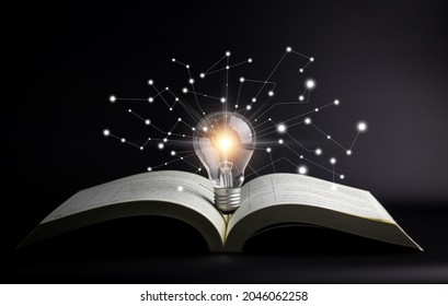 Light bulbs and books. Concept of reading books, knowledge, and searching for new ideas. Innovation and inspiration, Creativity with twinkling lights, the inspiration of ideas. - Shutterstock ID 2046062258