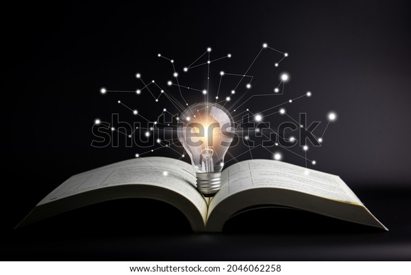 Light bulbs
and books. Concept of reading books, knowledge, and searching for
new ideas. Innovation and inspiration, Creativity with twinkling
lights, the inspiration of
ideas.