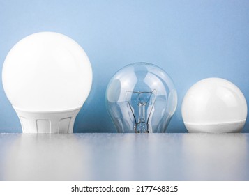 The Light bulbs choice. LED and incandescent lamps on a blue background.Energy saving concept.Electric light bulbs.