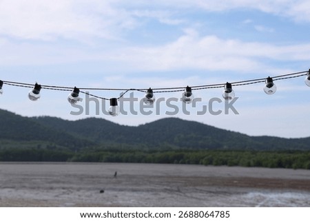 Light bulbs on cable railing in garden on mountain range background. Round bulbs with black sockets hang from outdoor wires during the day. Decorative garden bulbs for beauty and illumination. 