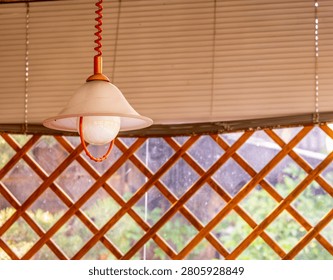 Light bulbs on the ceiling of the cafe in close-up.