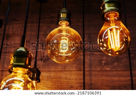 Light bulbs in retro style. LED lamps of round shape on the background of a wooden wall. Selective focus. Close-up
