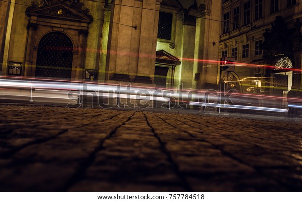 Light of busy cars in the night, prague\
background texture