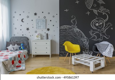 Light Child Room With Single Bed, Star Wall Decor Blackboard Wall