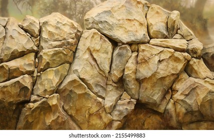 Light Coarse Natural Rock Stone Background. Mining Cliff Rough Front Surface. Big Limestone Stack Backdrop. Heavy Grunge Damaged Granite Block Texture. Crack Antique Medieval Stony Facade For Design