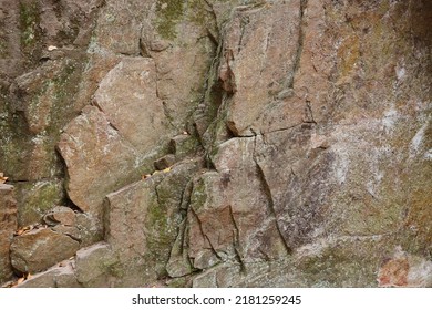 Light Coarse Natural Rock Stone Background. Mining Cliff Rough Front Surface. Big Limestone Stack Backdrop. Heavy Grunge Damaged Granite Block Texture. Crack Antique Medieval Stony Facade For Design